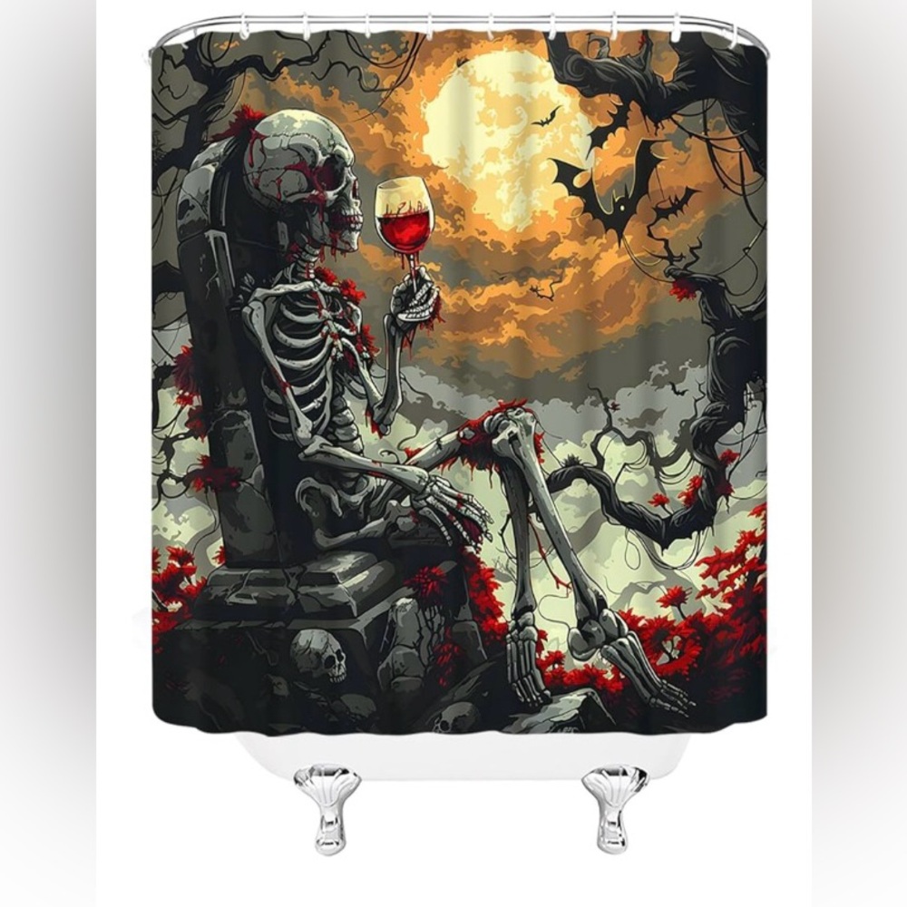 🍷💀🍷Skeleton enjoying a glass of Halloween Gore- Showercurtain/Photo backdrop